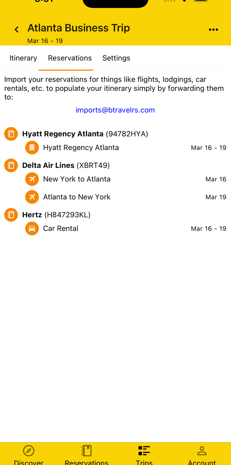 trip reservations with plan details and dates