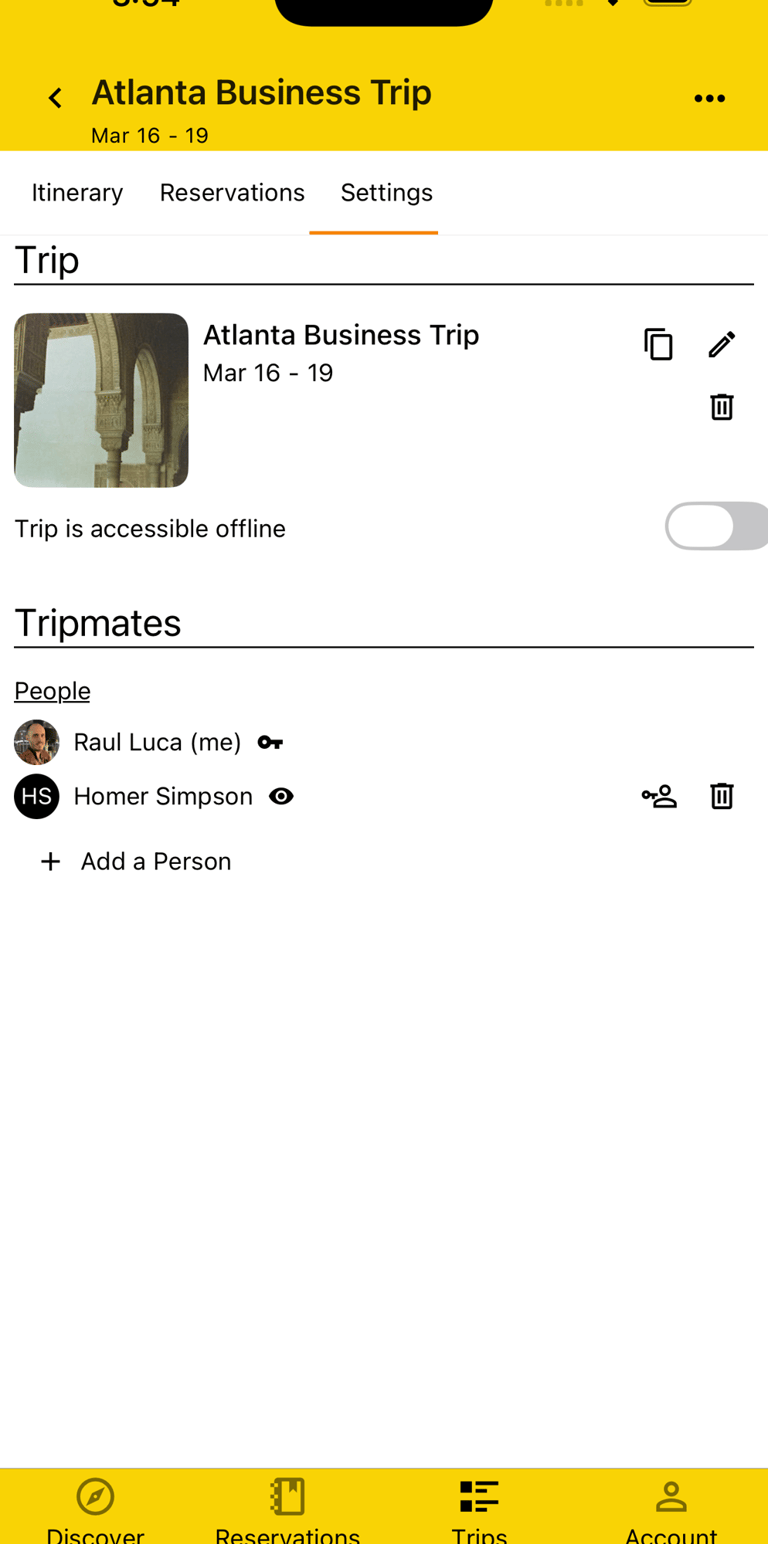trip settings with assistant and executive having access to trip
