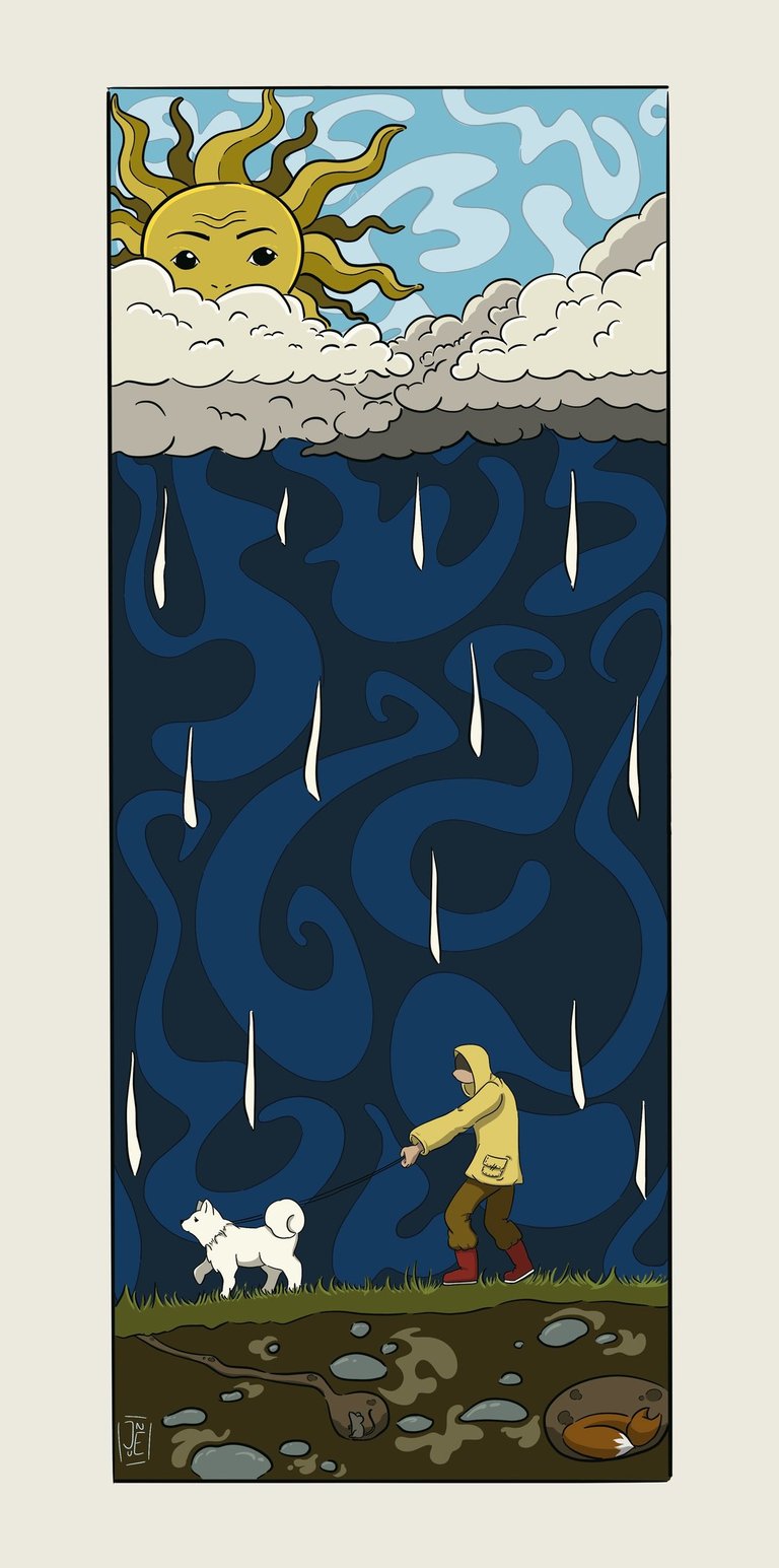 a man walking in the rain with a dog