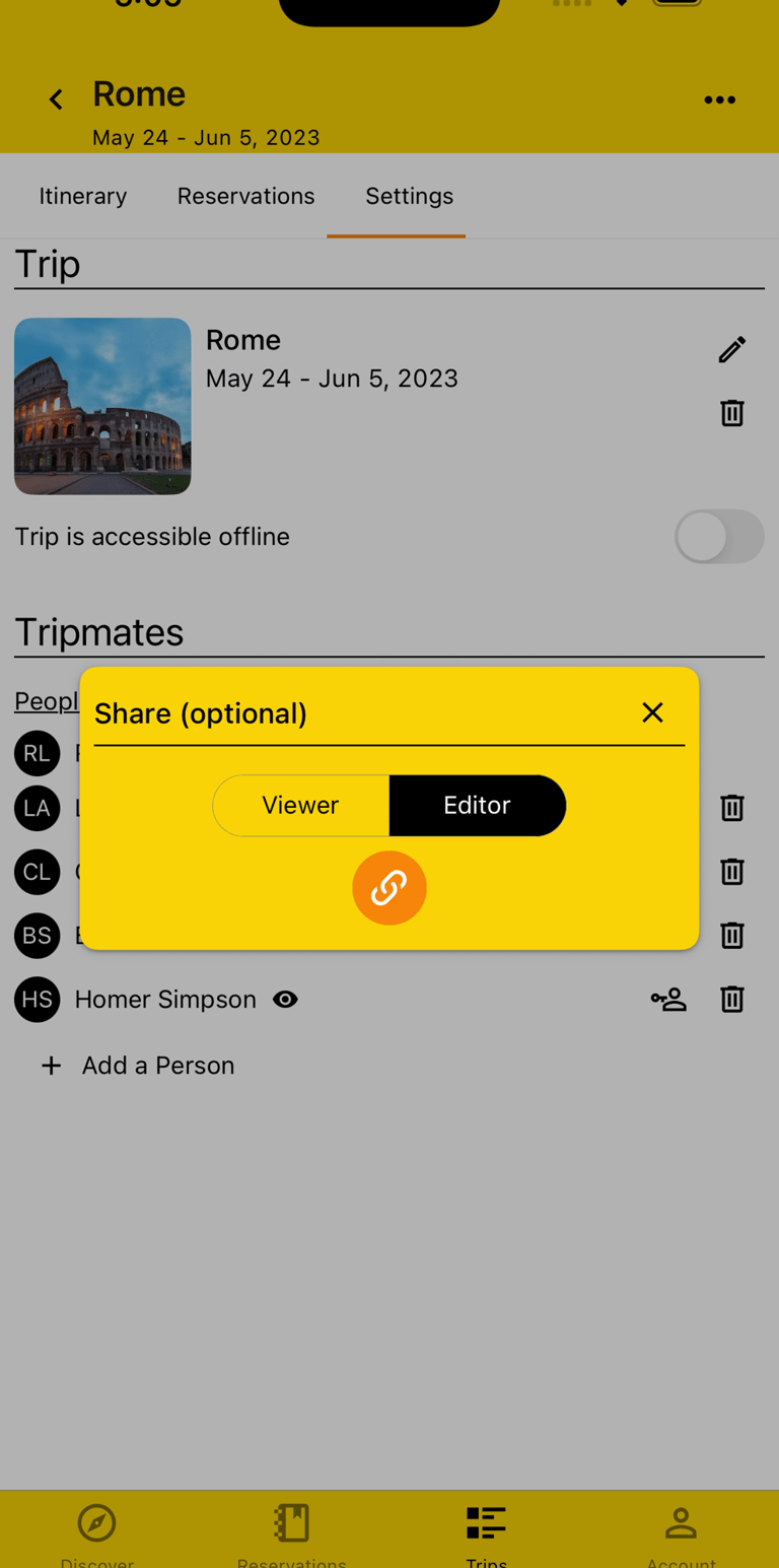 sharing options for a trip