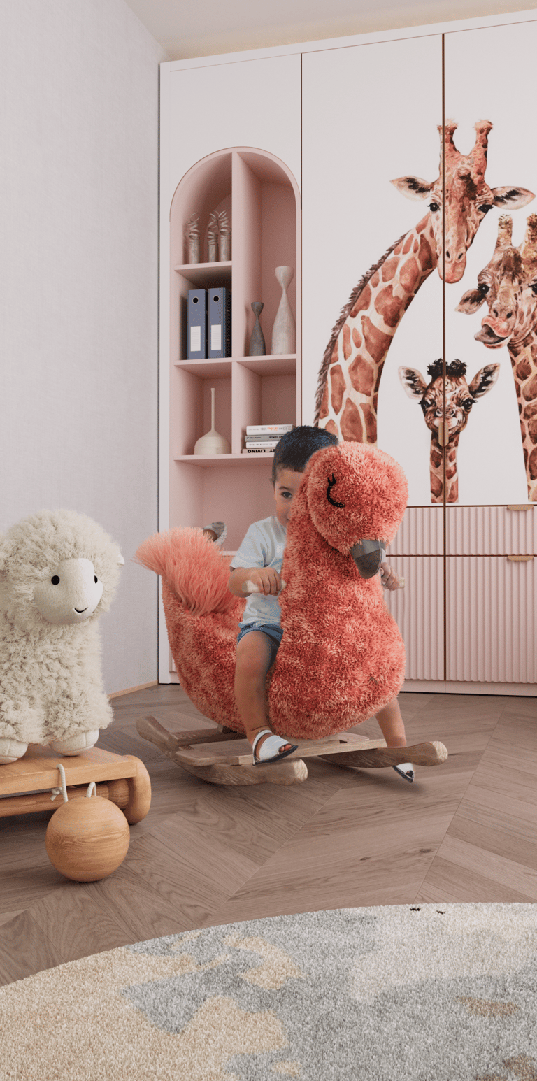 a child's room with a stuffed animal