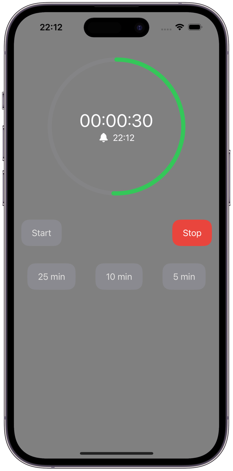 IPomodoro timer running view portrait, half circle