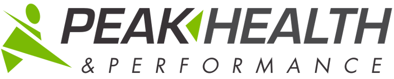 Peak Health and Performance logo featuring a green abstract fitness figure and dark gray typography.