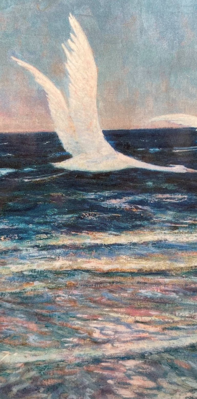 Drei weiße Kraniche im Flug über einem tiefblauen Gewässer in der Abenddämmerung. 