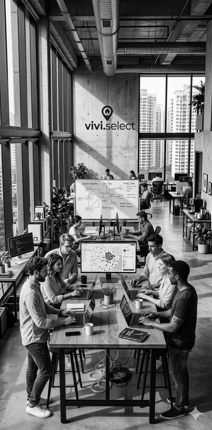 Diverse creative team working on laptops in a modern open-plan office with city views.