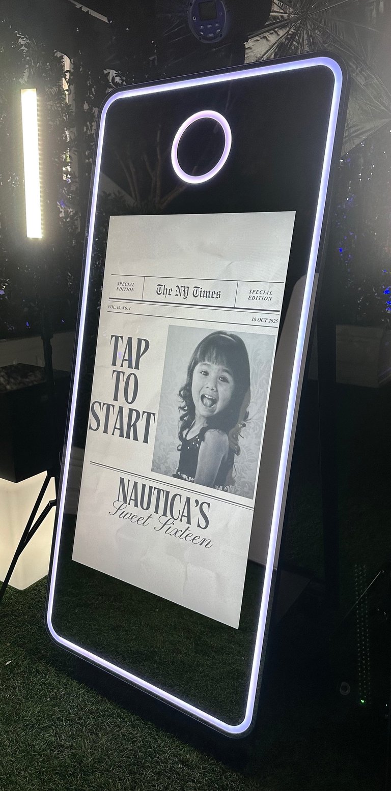 Mirror photo booth interactive tap-to-start screen at a Sweet 16 celebration in Southern California