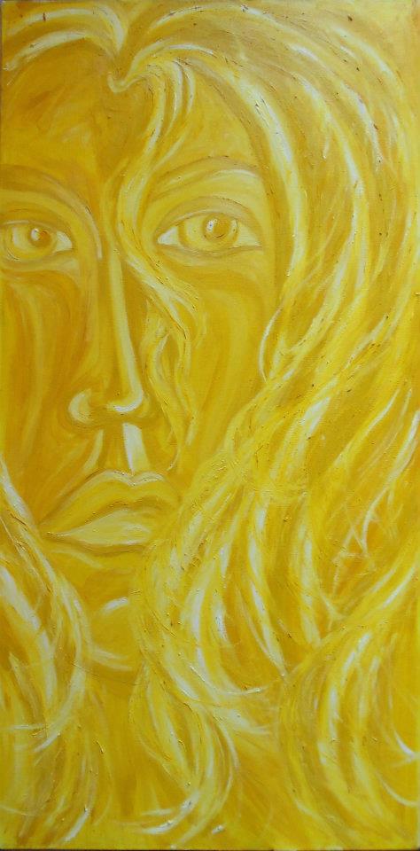 a painting of a woman's face with a yellow background