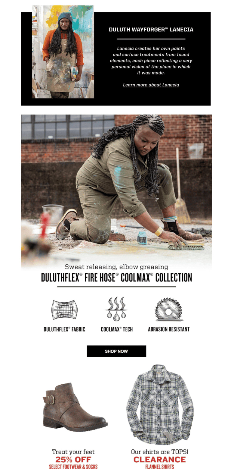 Email screenshot featuring Duluth Wayforger Lanecia's model intro.