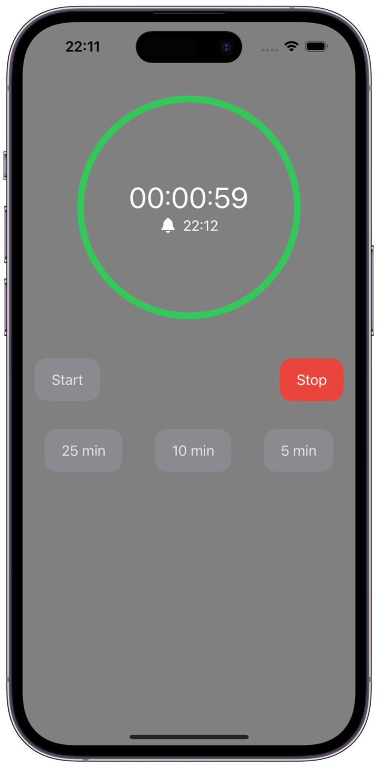 IPomodoro timer running view portrait, full circle