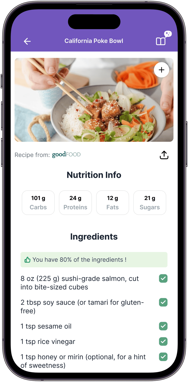 a person holding chopsticks in their hand and a phone phone with a recipe