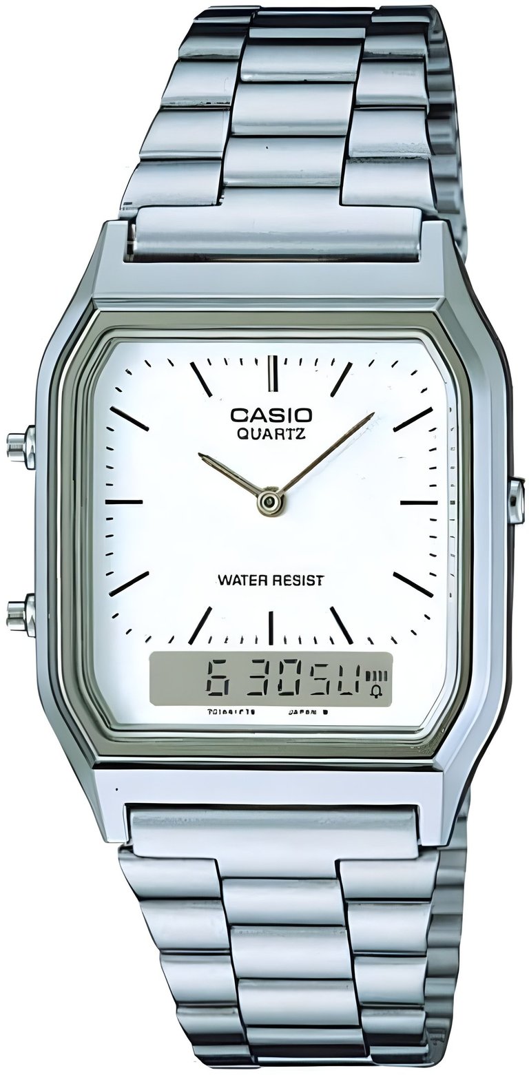 Casio vintage stainless steel watch with a white analog face and small digital display.
