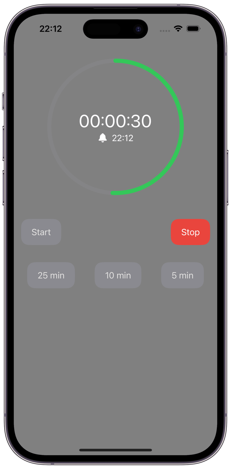 IPomodoro timer running view portrait, half circle