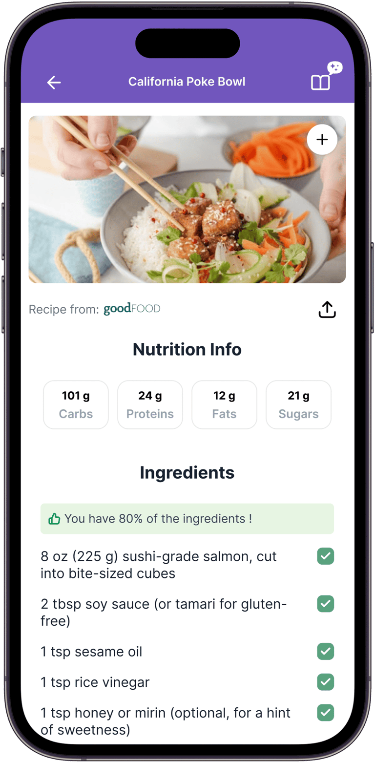 a person holding chopsticks in their hand and a phone phone with a recipe
