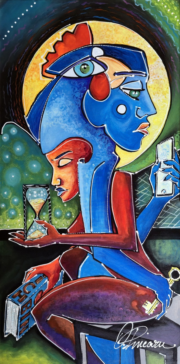 Bunte Figur mit Sanduhr, Buch und Smartphone vor Nimbus – „Zeitwächter“, 140×70 cm