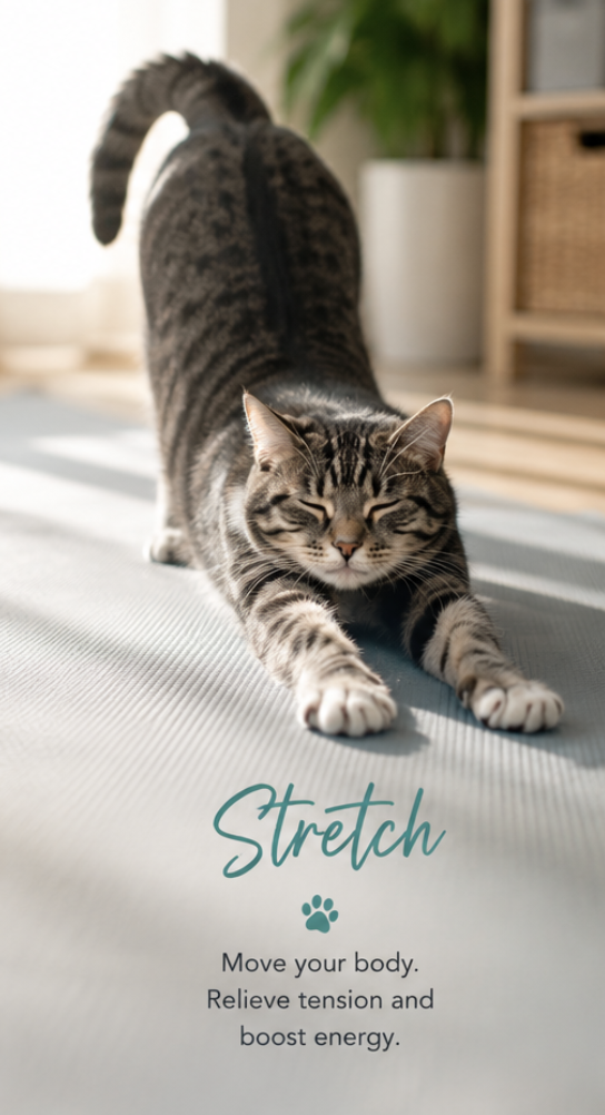Cat stretching reminding to move your body. Relieve tension and boost energy