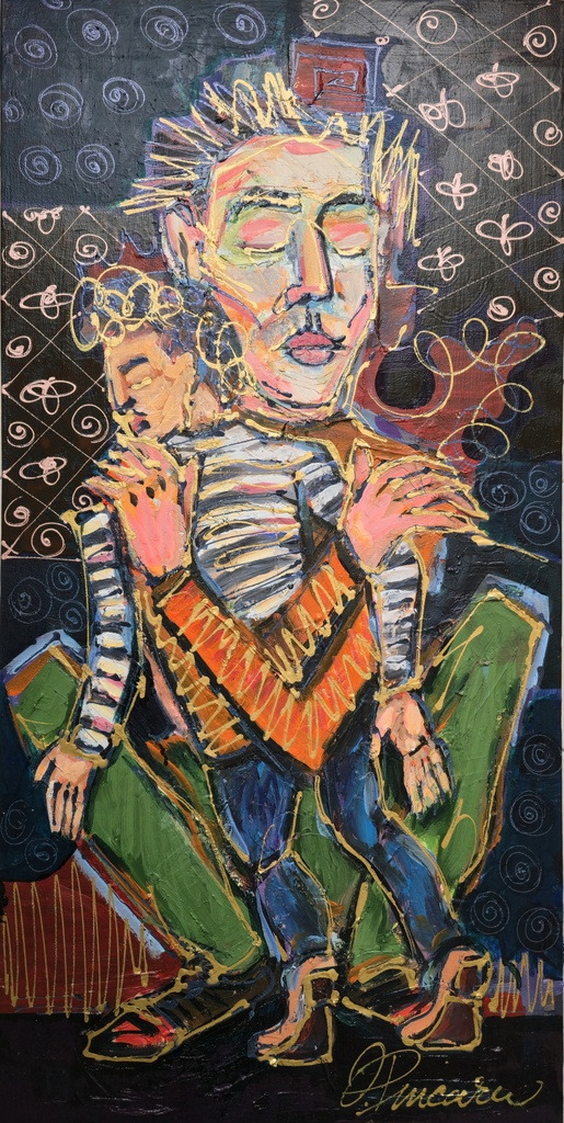 Expressive figurative Leinwand: zwei Gestalten in Umarmung, leuchtende Farben, weiße Linien – Romeo