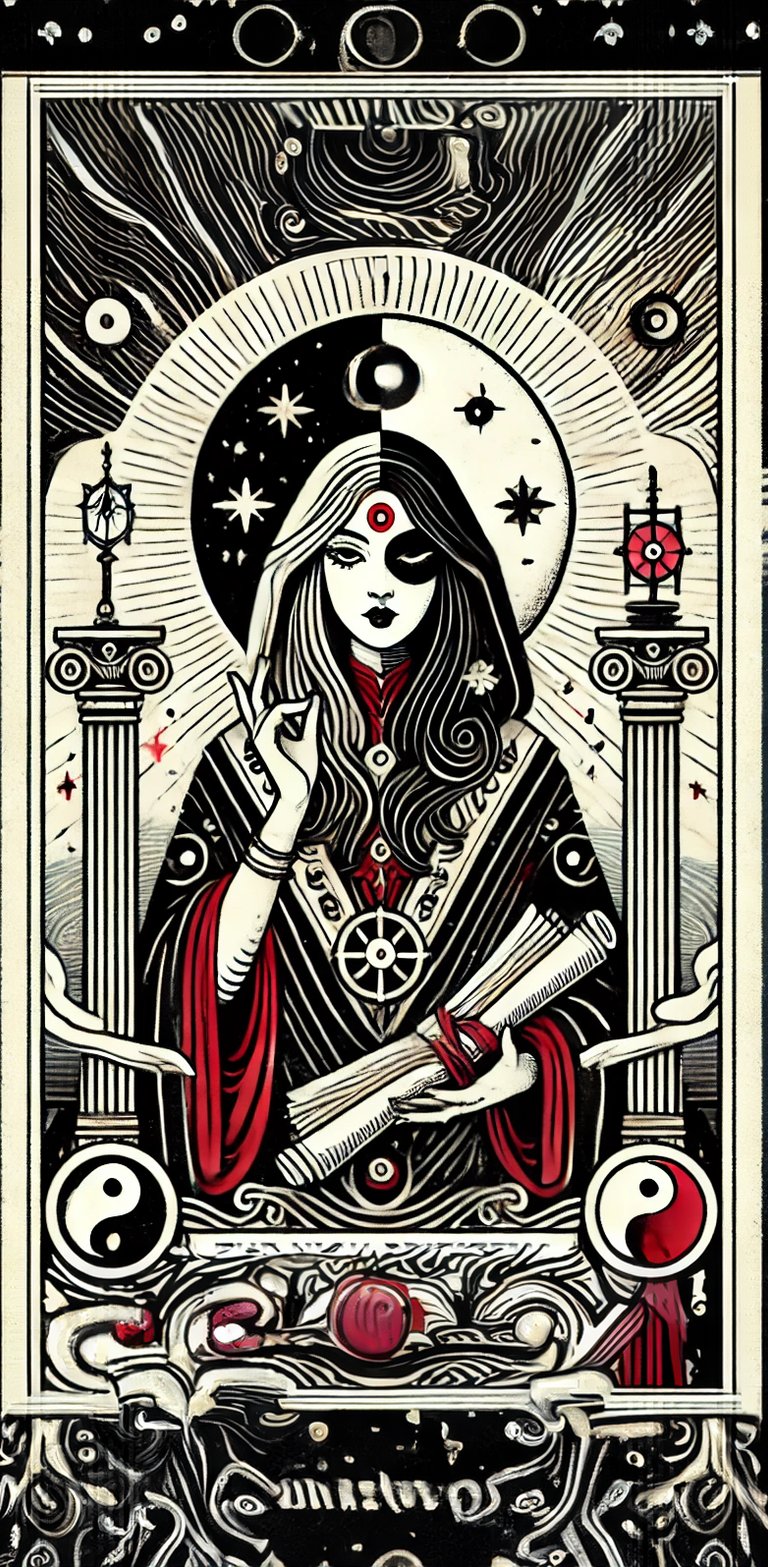a woman in a black and white tarp Tarot cards