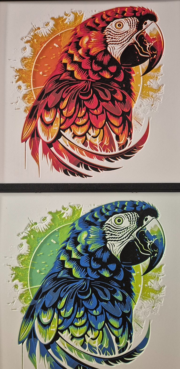 3D printed parrot art panels in different color styles.