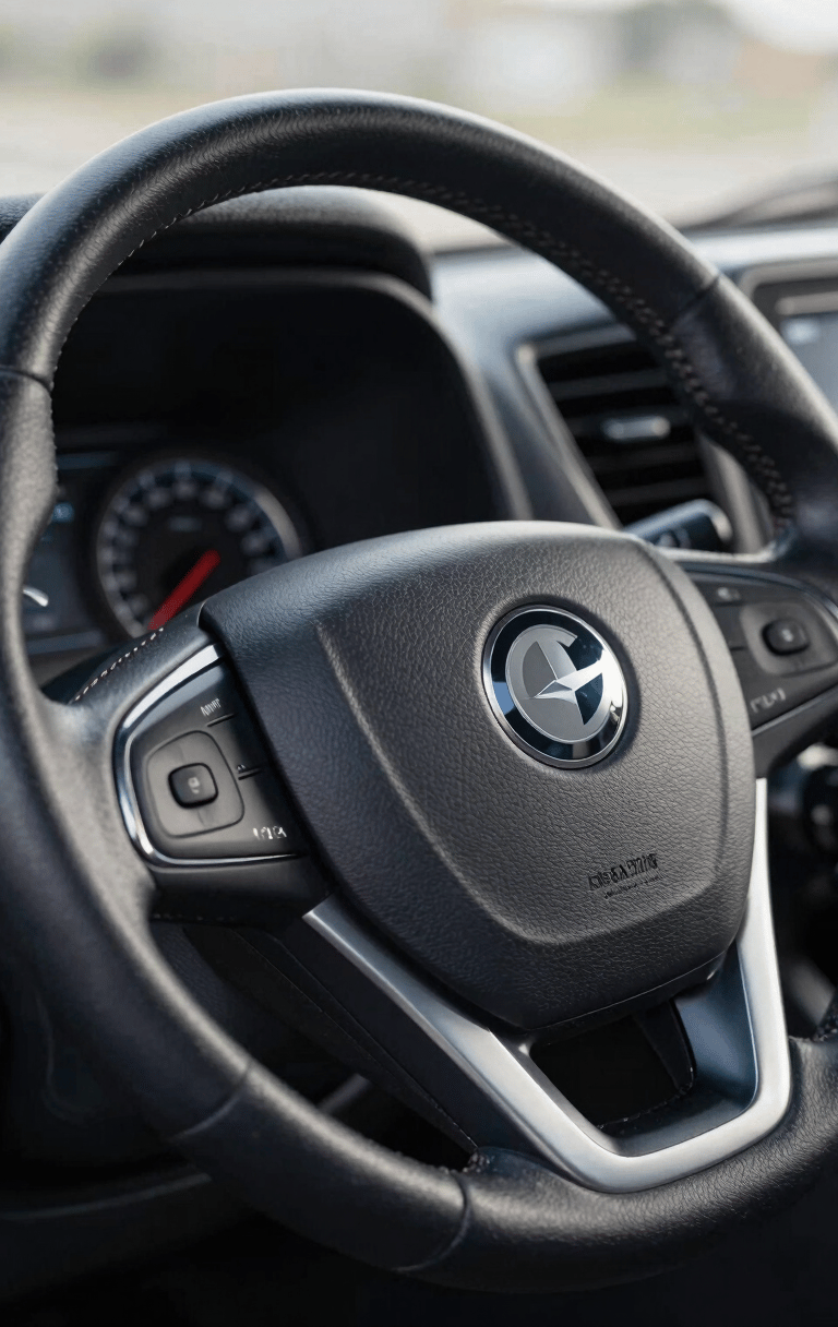 Detalle en primer plano de un volante de camión moderno con logotipos discretos, transmitiendo innovación y tecnología en el sector del transporte, Islas Canarias.