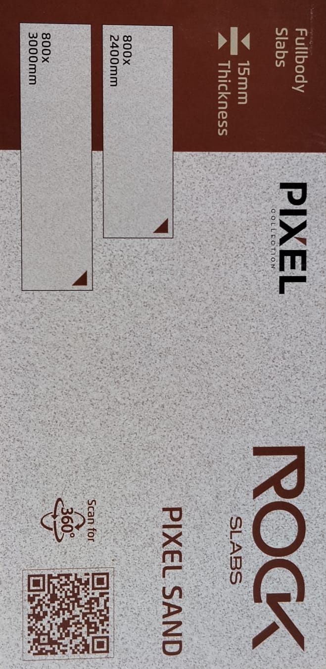 Pixel Smoke fullbody porcelain slabs from Rock Slabs, showcasing 15mm thickness options and available dimensions for