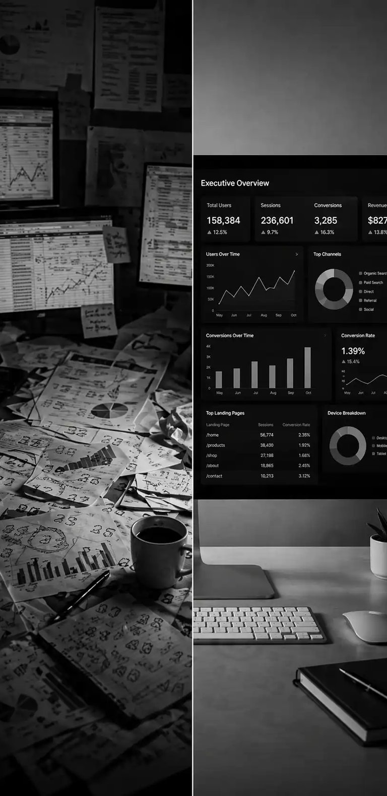 Messy data transforming into a clean dashboard in black and white