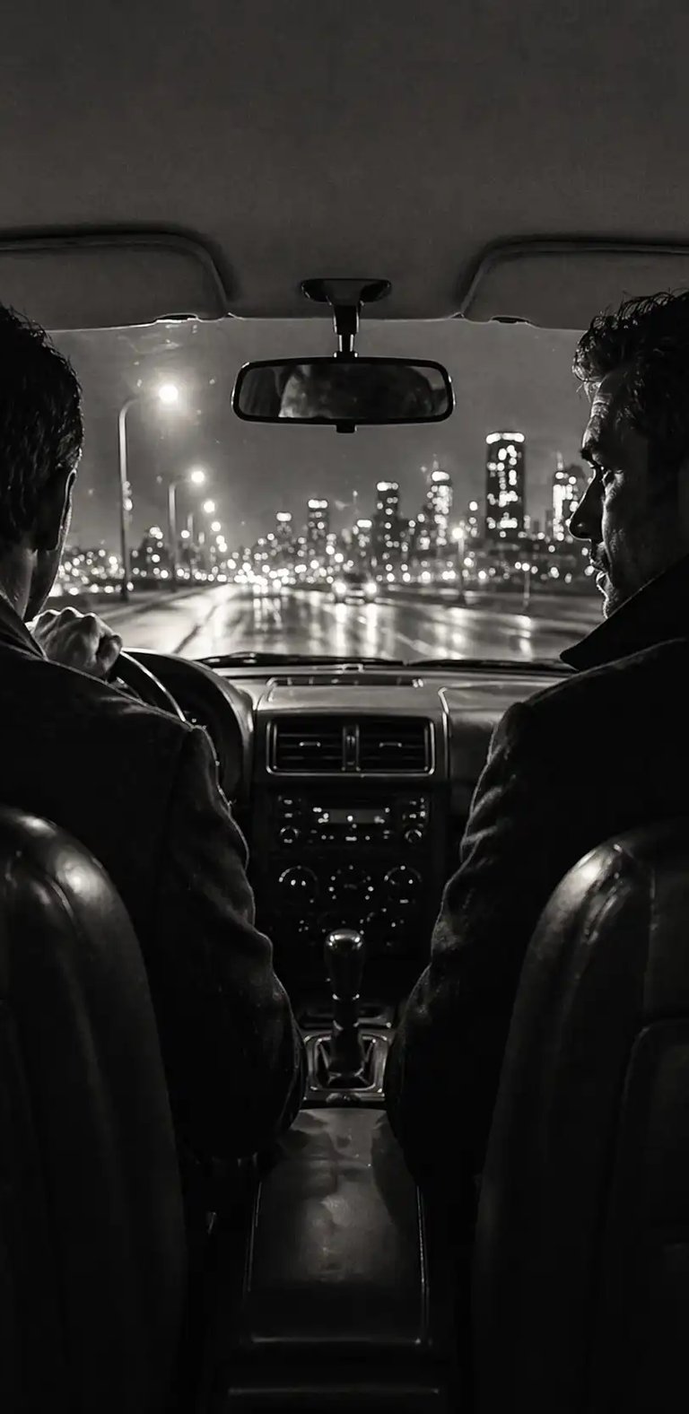 Black and white cinematic scene of two men driving at night through a city, suggesting tension and c