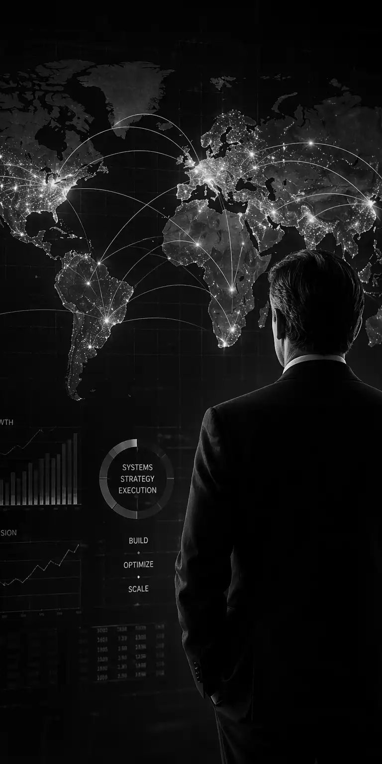 Black and white image of a global network map with a business leader viewing connected international