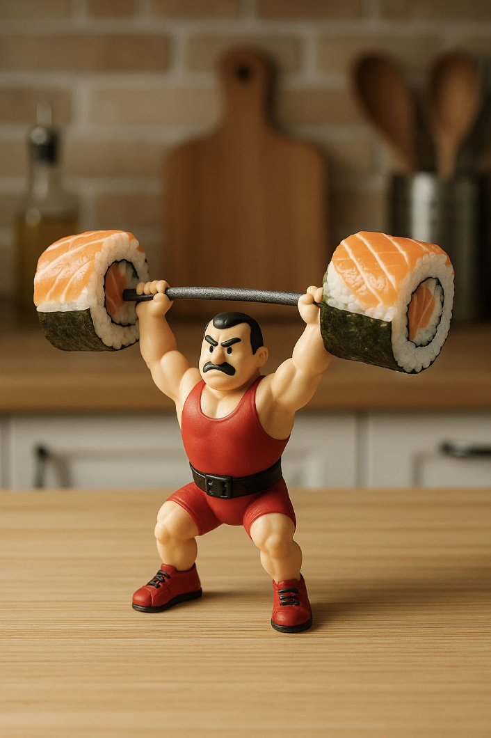 Figurine avec haltère en sushi pour la journée internationale du sushi.