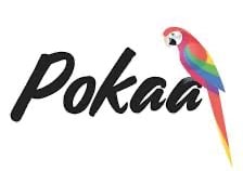 Pokaa brand logo featuring black cursive text and a vibrant, multicolored parrot icon.