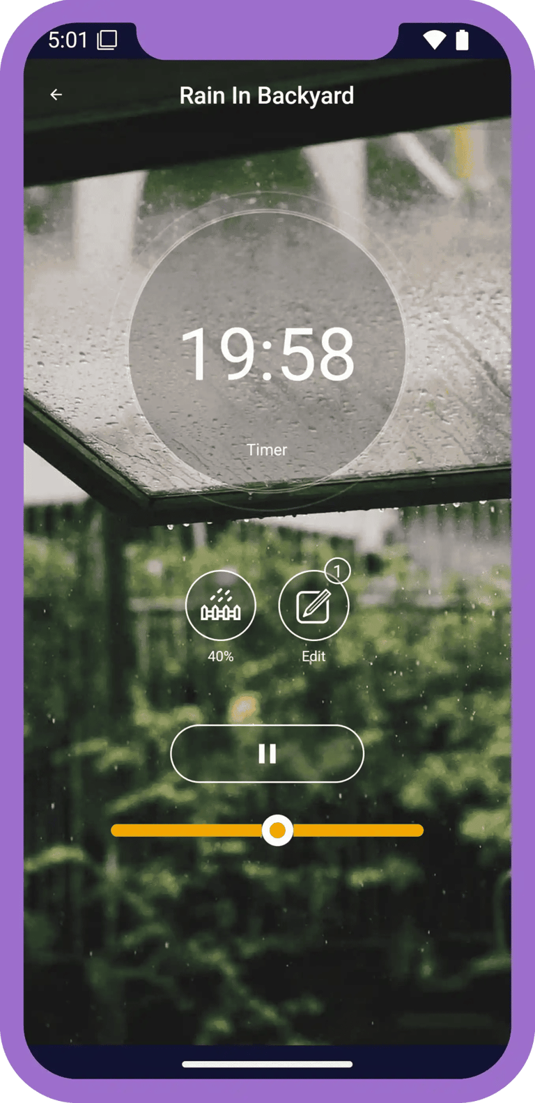 Rain sounds app player screen with rain audio and sleep timer.