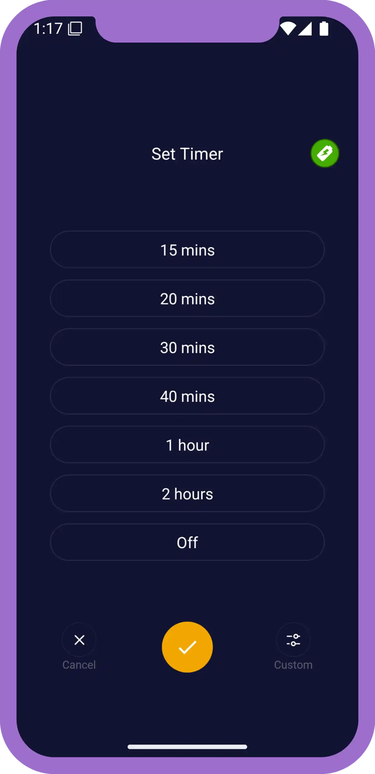 Rain sounds app sleep timer screen with multiple duration options
