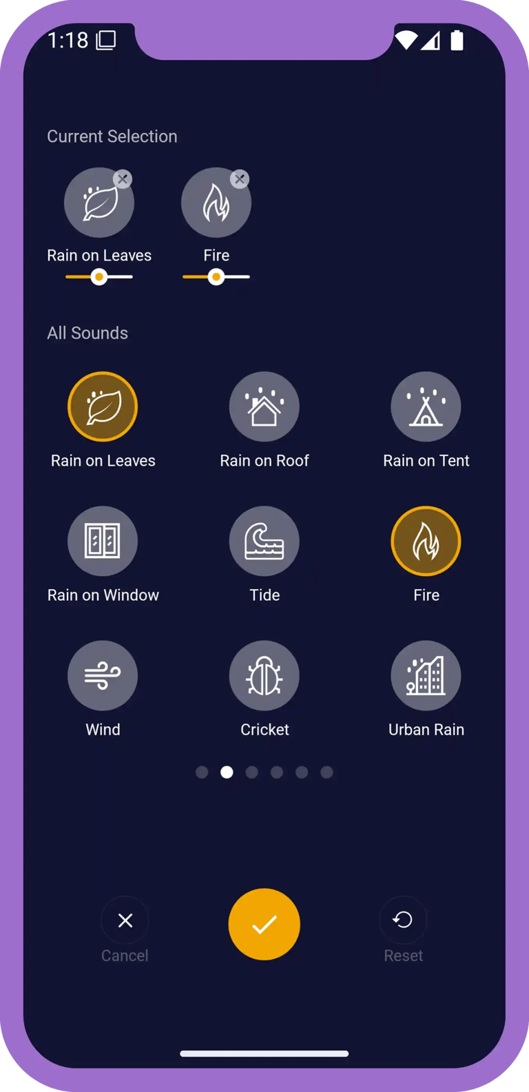 1Rain sounds app sound mix screen where users adjust volume to create a custom mix.