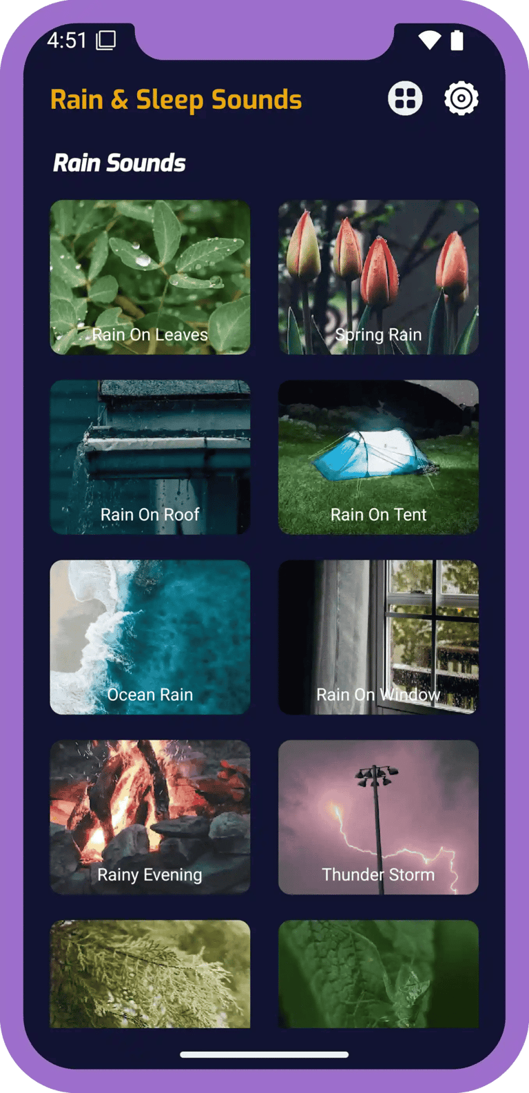 Rain sounds app home screen showing multiple rain sound mixes.