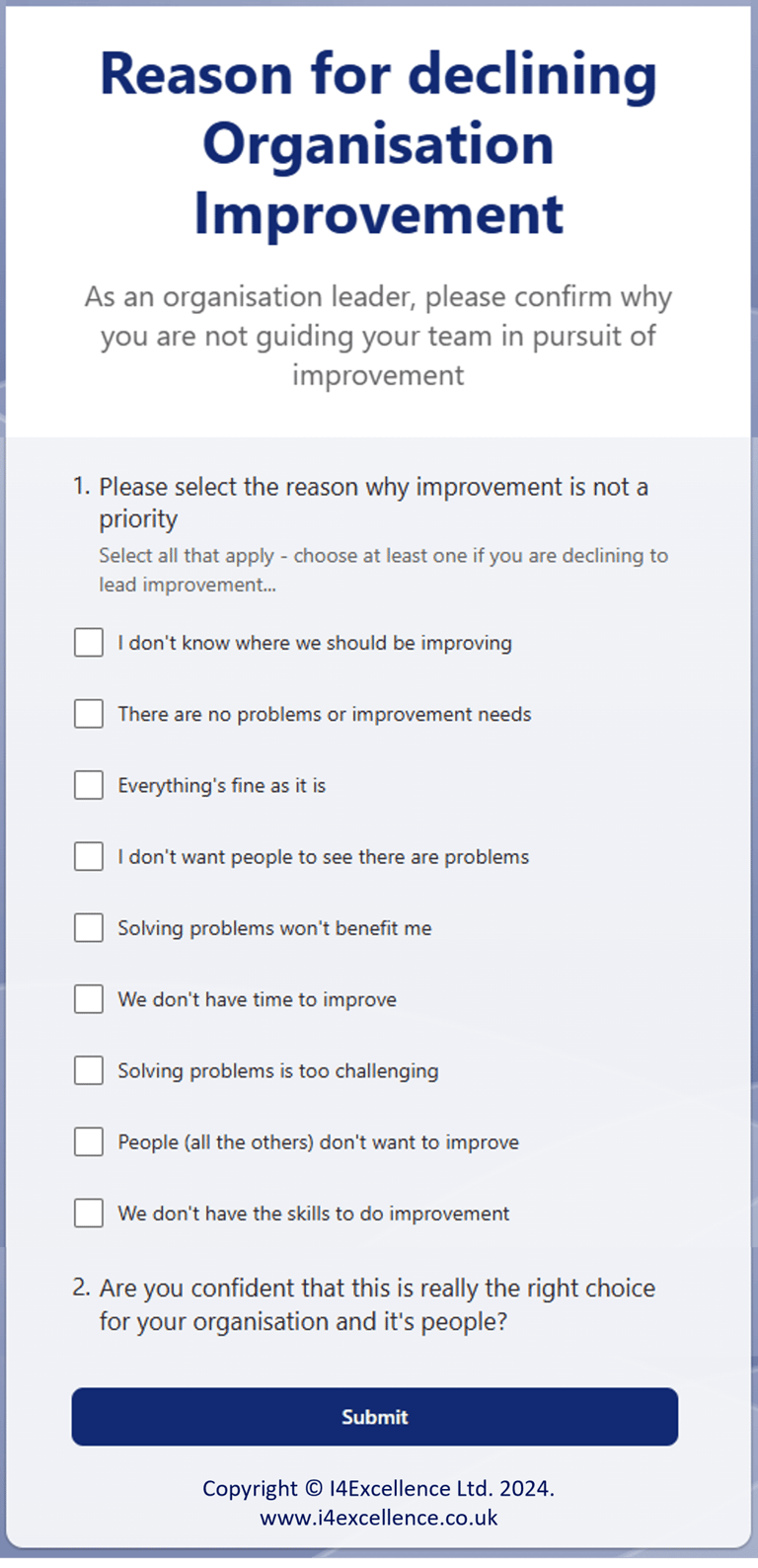 Form for organisation leaders to complete if they are choosing not to lead improvement