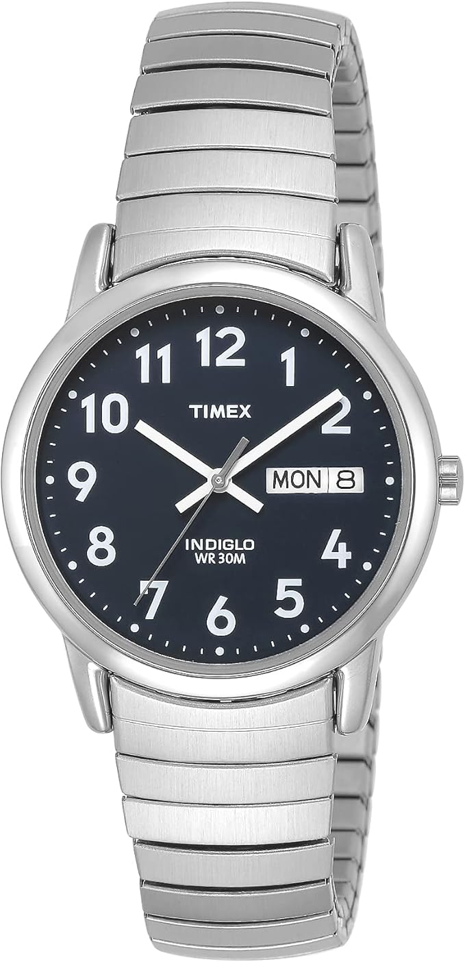 Timex Easy Reader watch with silver-tone expansion band, navy blue dial, and day-date window.
