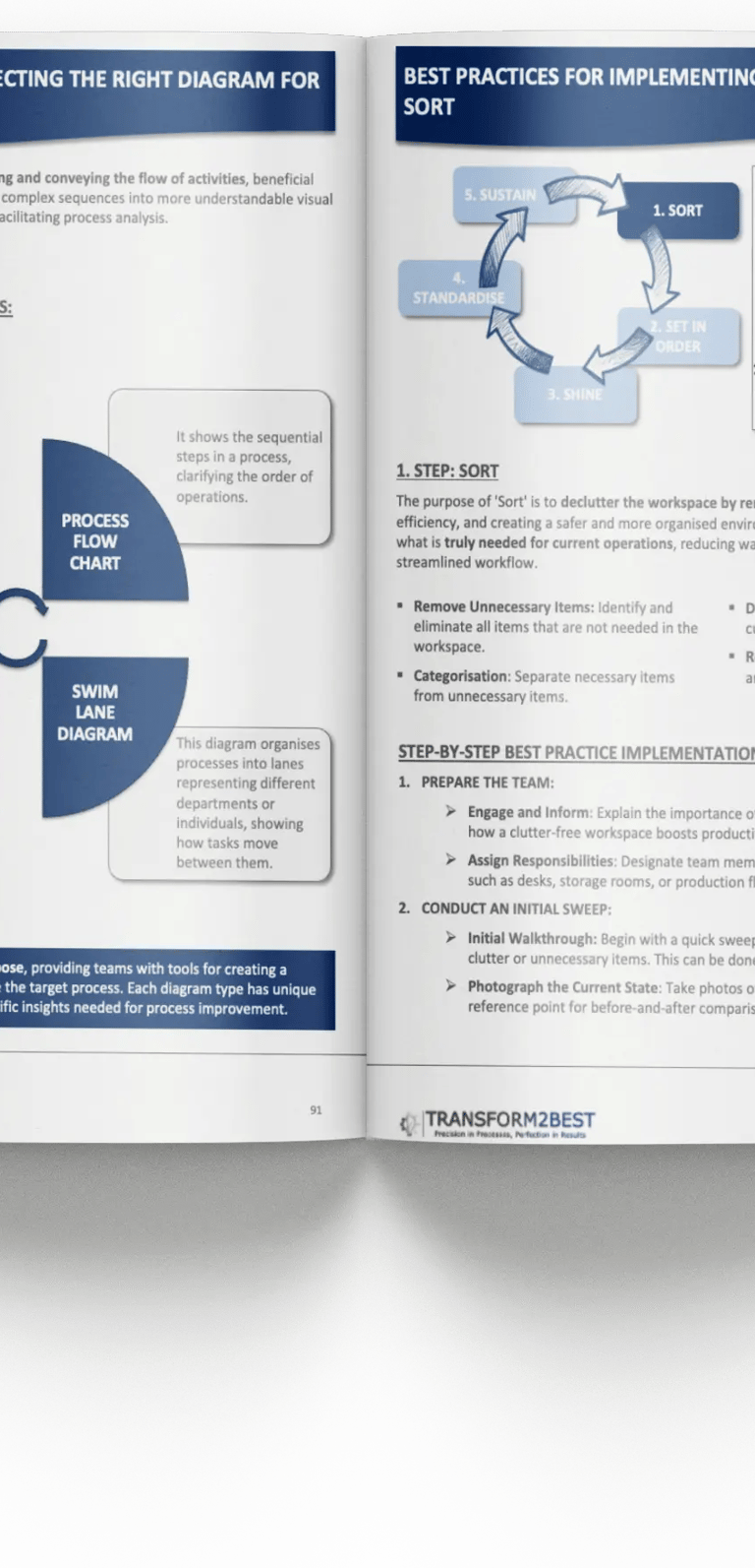 A business process improvement manual showing 5S sort principles and process mapping diagram types.