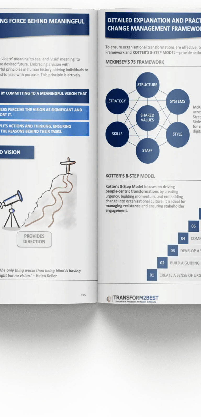 A business textbook layout showing McKinsey's 7S framework and Kotter's 8-step change management model.