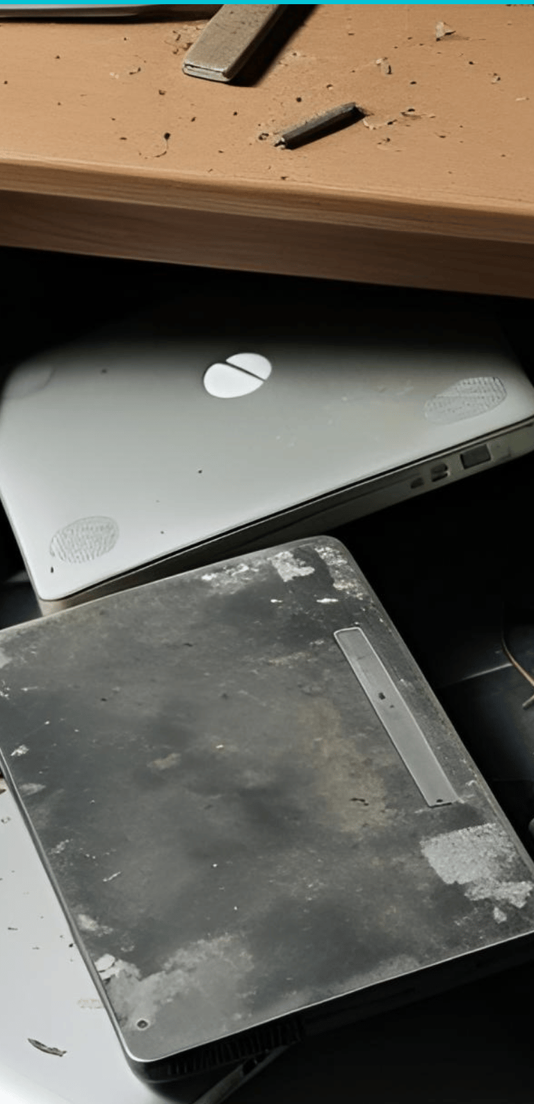 An open drawer contains a number of old, dusty laptops