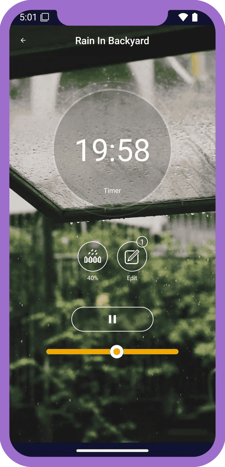 Rain sounds app player screen with rain audio and sleep timer.