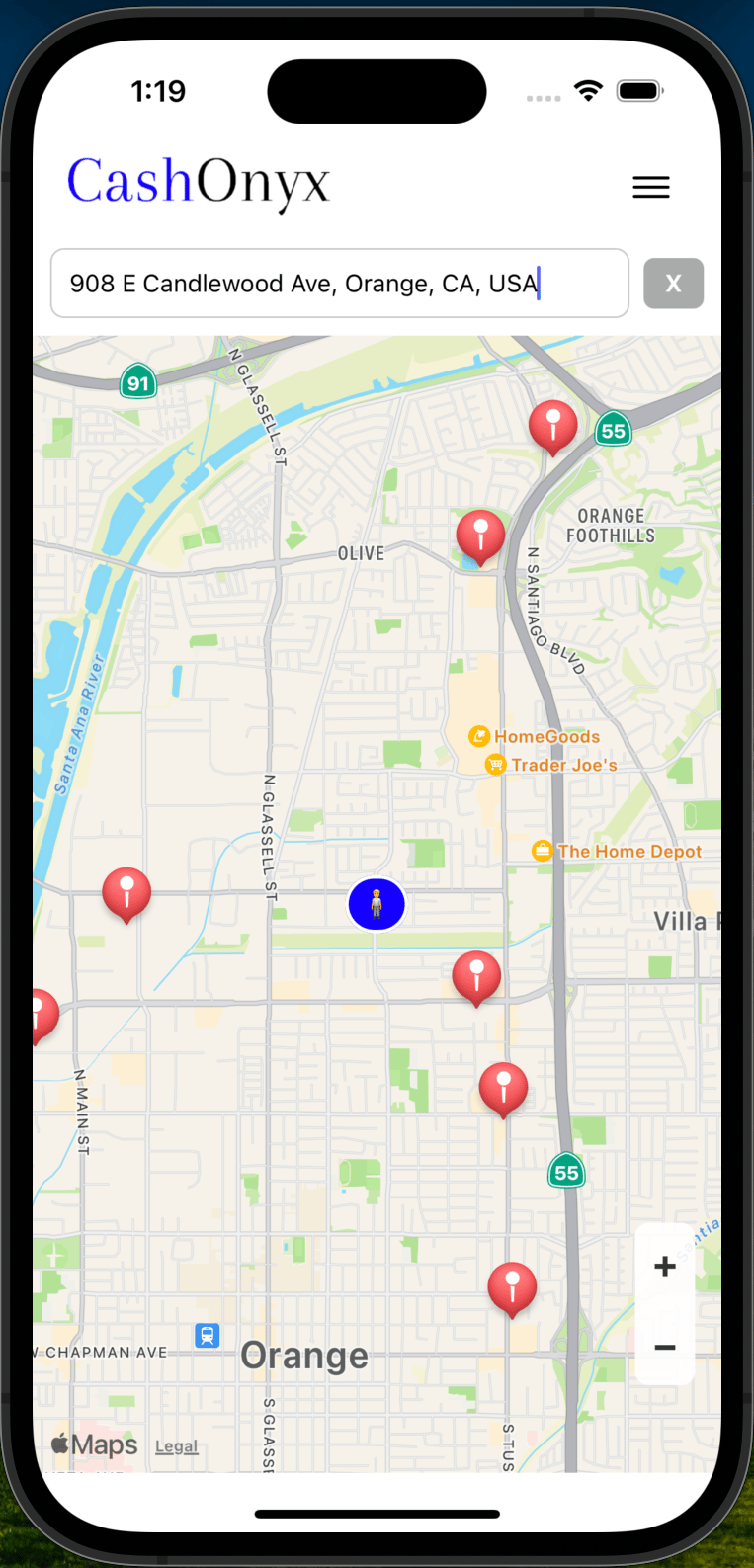 a phone screen showing a map of a city