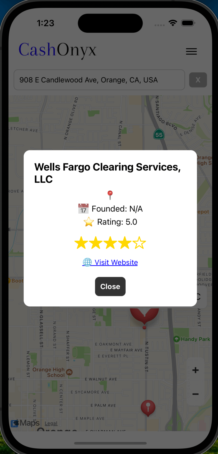 a cell phone showing a map of wells fargo, wv
