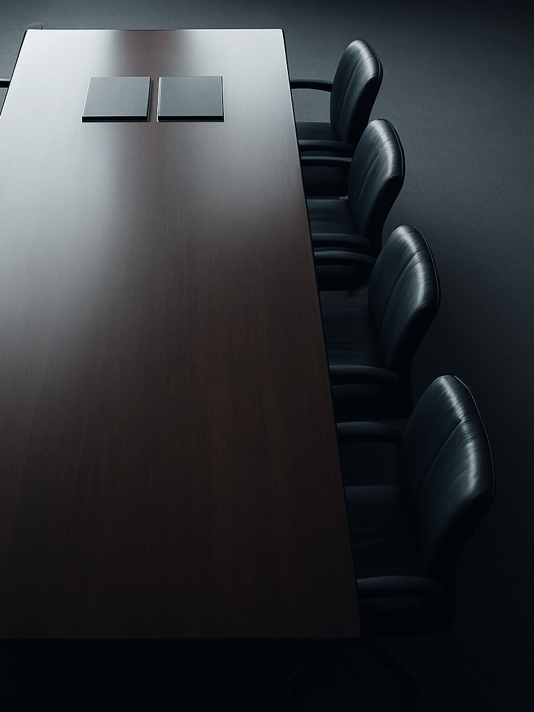 Wide panoramic view from above of an empty institutional boardroom table, overhead flat-lay framing, cool north-facing daylight, dark polished surface reflecting faint document folders at the far edge, generous negative space to the right