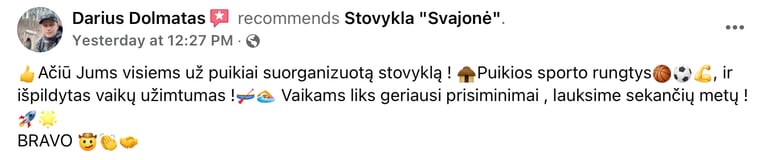 Tėvų atsiliepimai apie vasaros stovyklą Svajonė