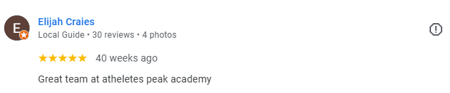 Five-star Google review for Athletes Peak Academy mentioning a great team.