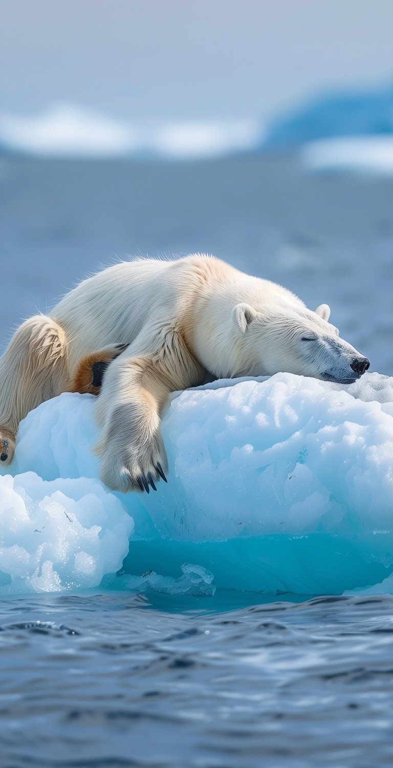 A bipolar polar bear sleeping on an iceberg