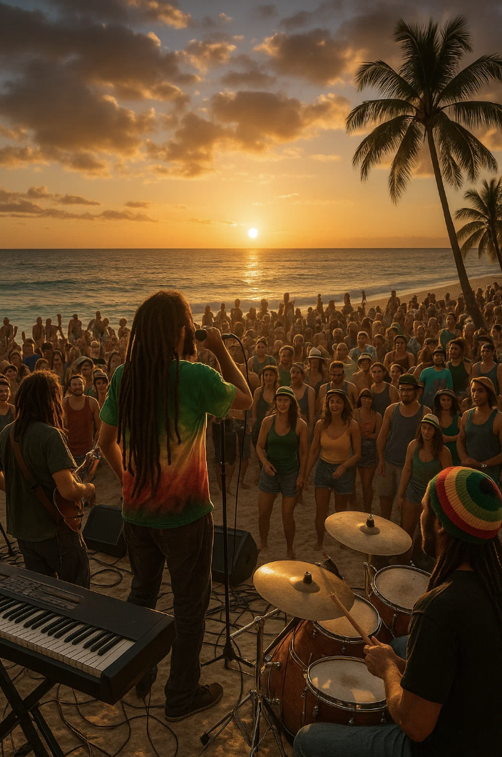 Concert de reggae sur une plage pour la journée du reggae.
