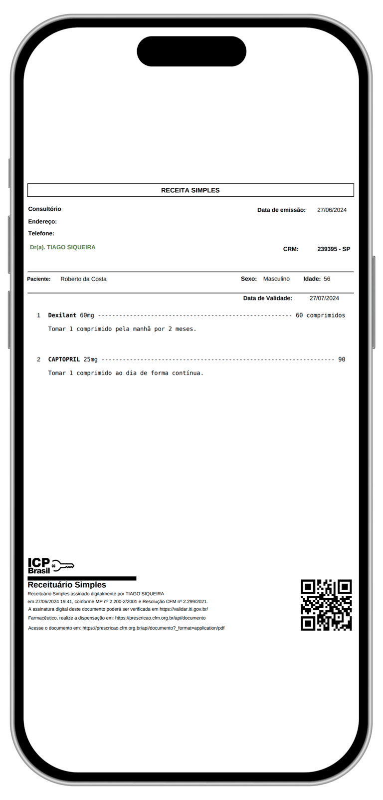 Exemplo de receita digital que receberá após a consulta