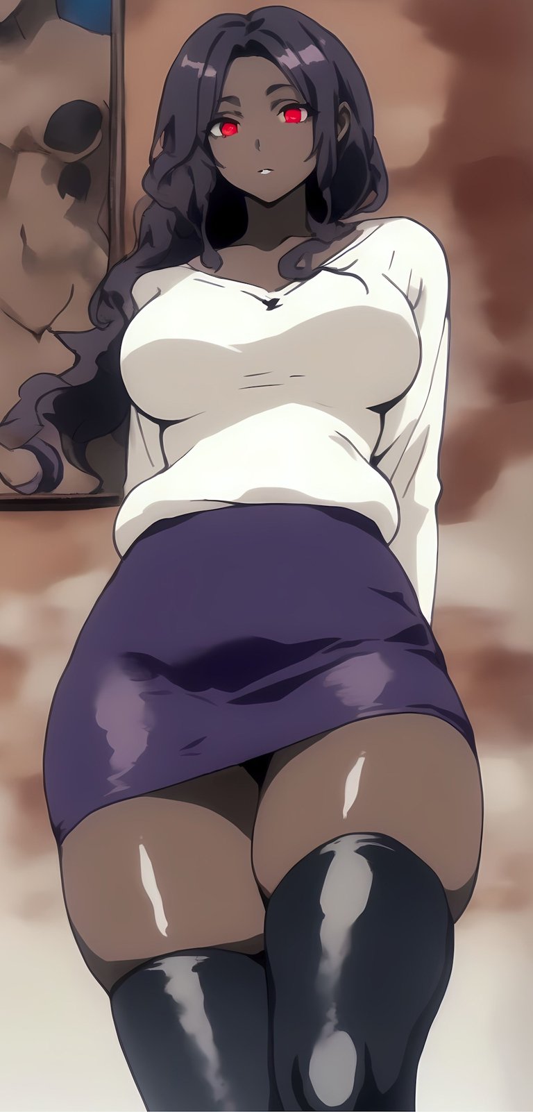 African anime girl with red eyes, long dark hair, a white top, purple skirt & black thigh-highs – SimcaArt gallery full-size.