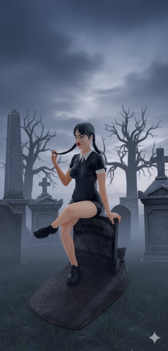 Wednesday Addams figurine sat on tombstone with 'Thing' at the base digging a grave
