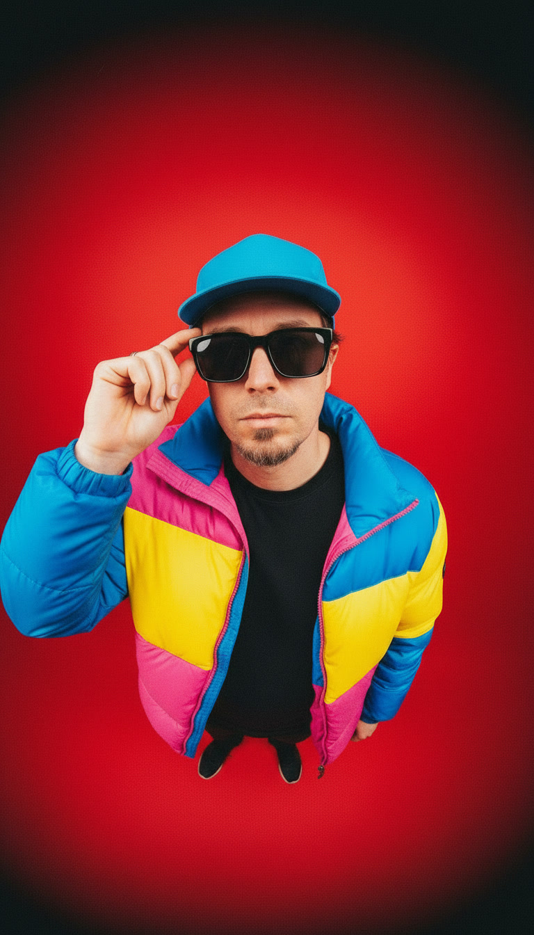 a man in a colorful jacket and sunglasses